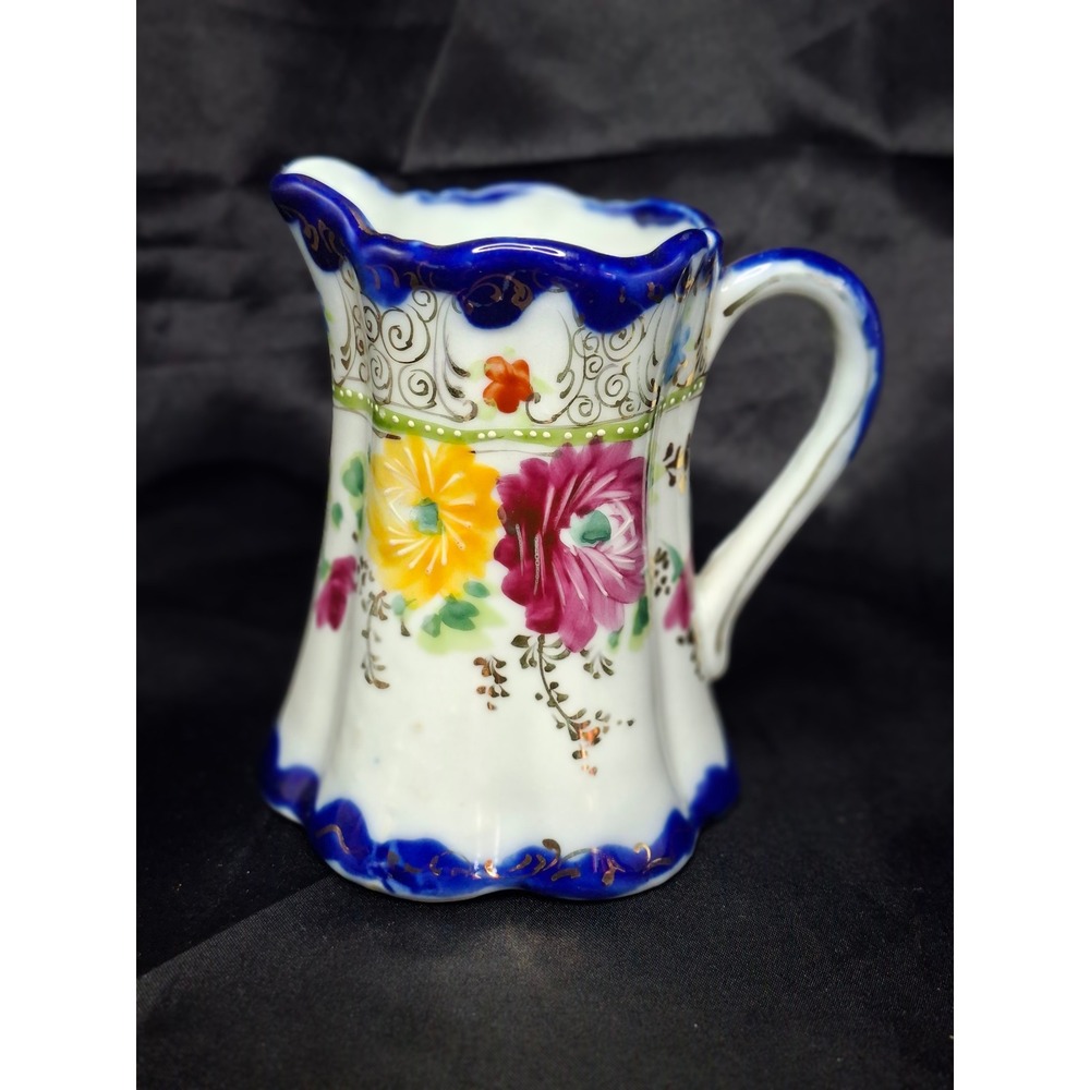 Vintage Made in Japan Porcelain Creamer Pitcher Hand Painted Floral Gold Gilt